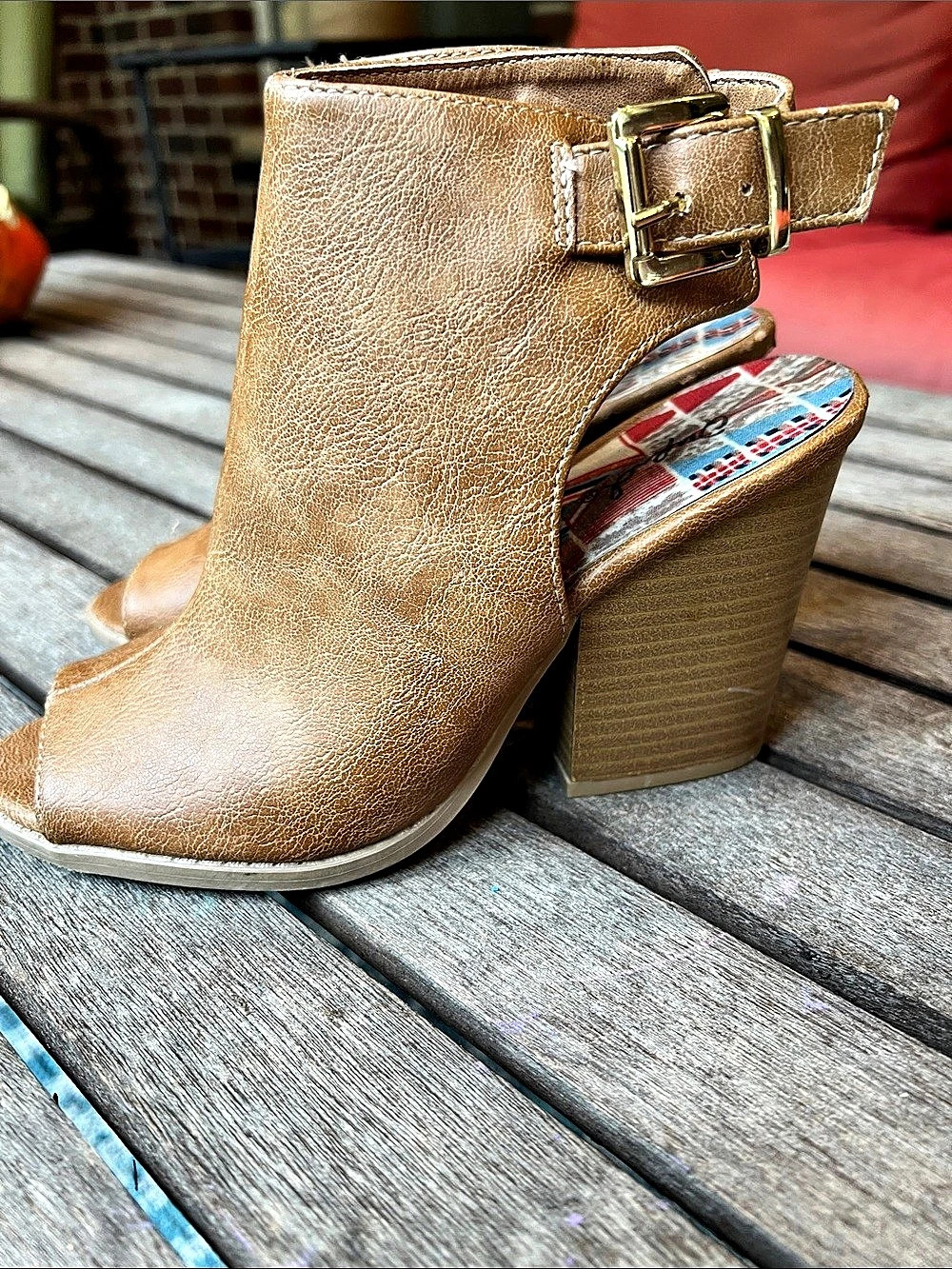 Qupid Open-Toe Block Heel Booties in Brown
